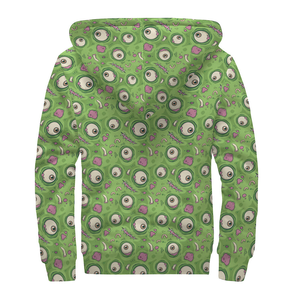 Green Zombie Pattern Print Sherpa Lined Zip Up Hoodie for Groovy Hippies - 2