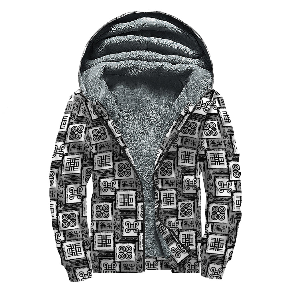 Grey African Adinkra Symbols Print Sherpa Lined Zip Up Hoodie: Embrace Your Inner Hippie Style - 1