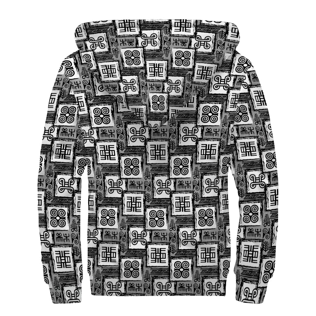 Grey African Adinkra Symbols Print Sherpa Lined Zip Up Hoodie: Embrace Your Inner Hippie Style - 2