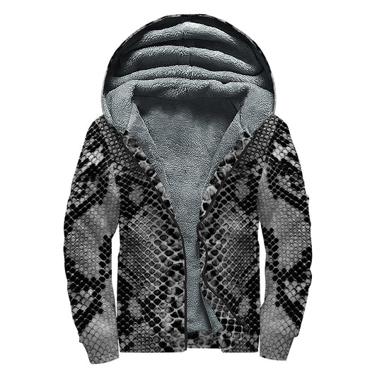 Grey and Black Snakeskin Print Sherpa Lined Zip Up Hoodie - Channel Your Inner Hippie Vibes - 1