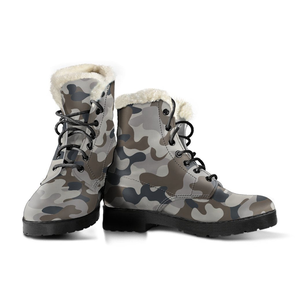 Groovy Grey and Brown Camouflage Faux Fur Leather Boots for Peace-Loving Hippies - 3