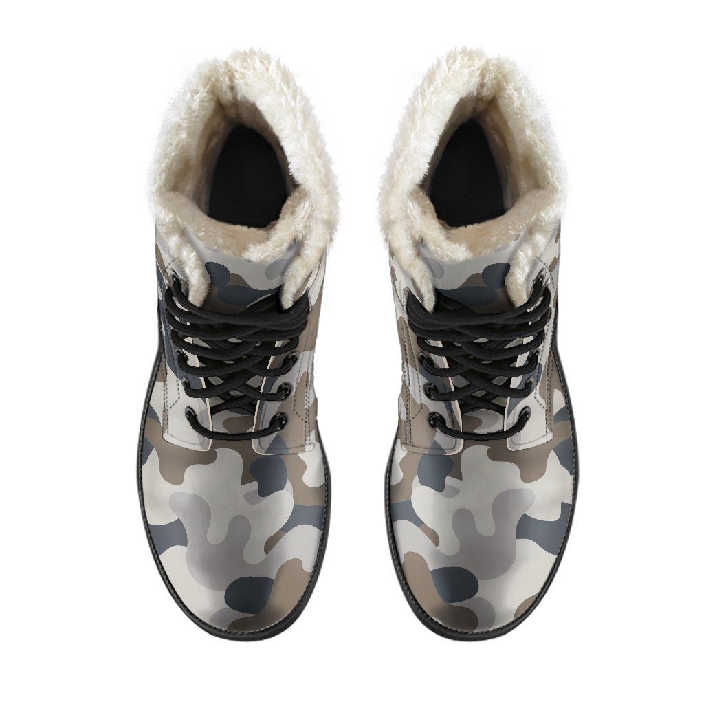 Groovy Grey and Brown Camouflage Faux Fur Leather Boots for Peace-Loving Hippies - 4