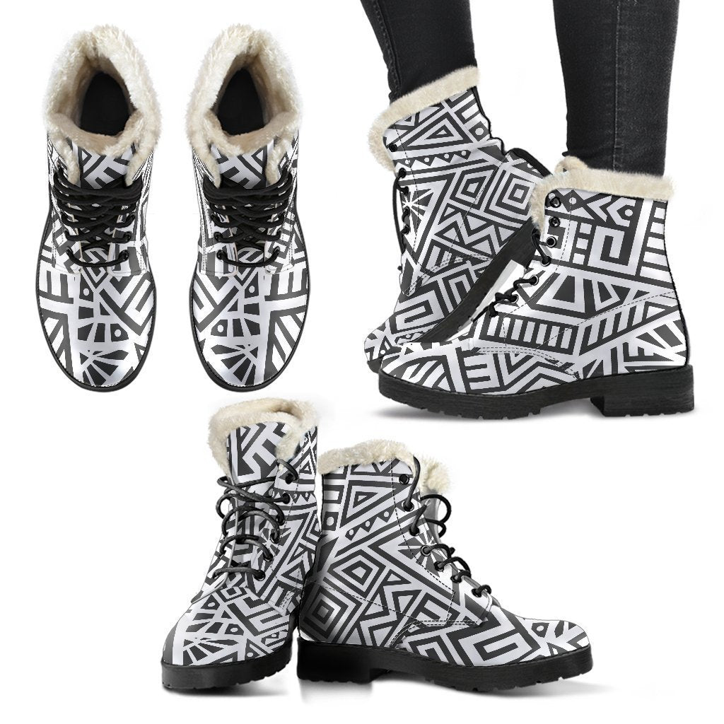 Boho Chic: Grey and White Aztec Print Faux Fur Leather Boots - 2