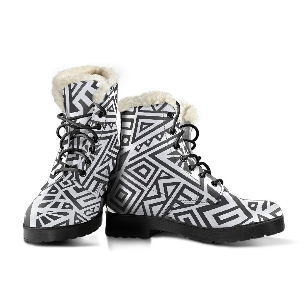 Boho Chic: Grey and White Aztec Print Faux Fur Leather Boots - 3