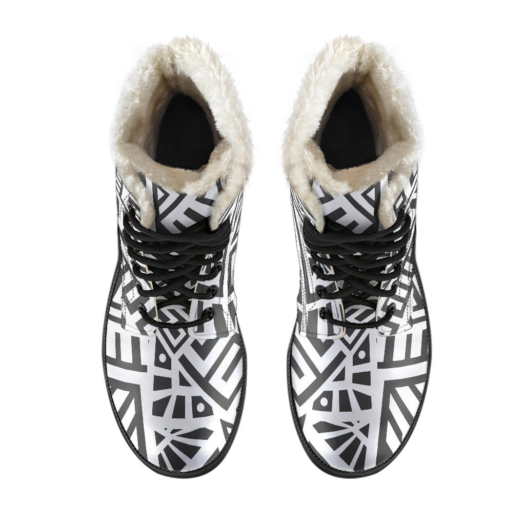 Boho Chic: Grey and White Aztec Print Faux Fur Leather Boots - 4