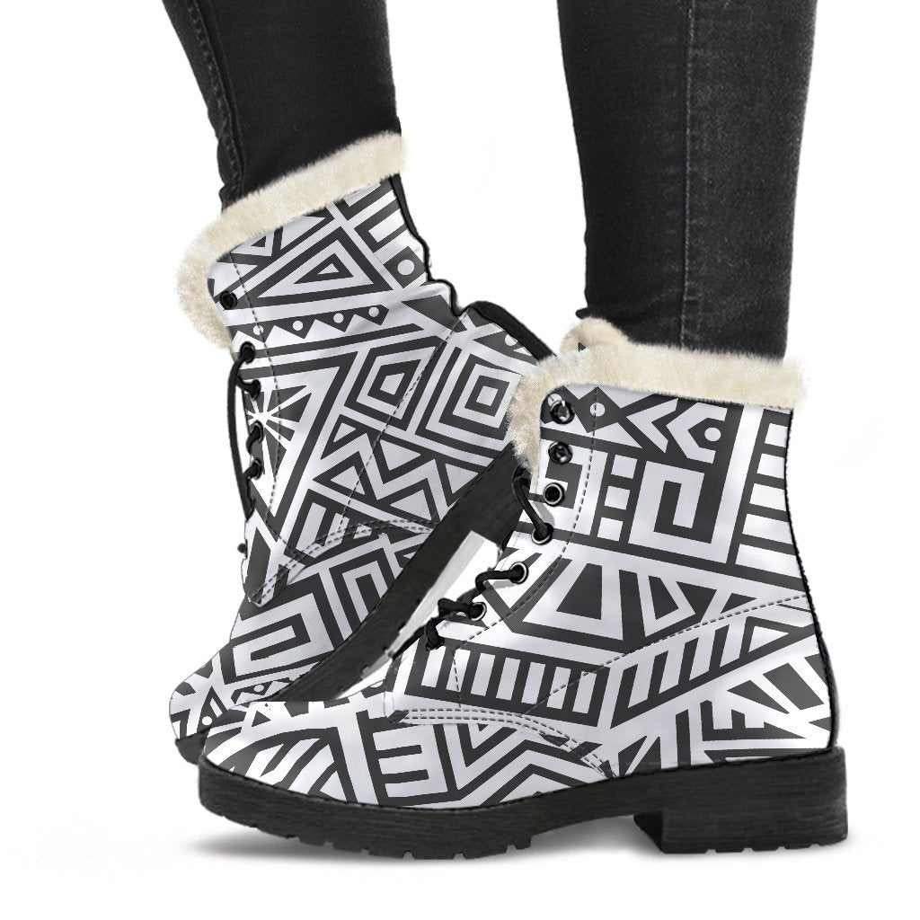 Boho Chic: Grey and White Aztec Print Faux Fur Leather Boots - 1