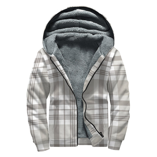 Groovy Grey and White Tartan Print Sherpa Lined Hoodie for the Free-Spirited Hippie - 1