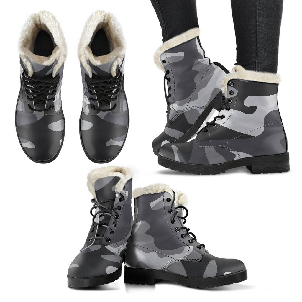 Step Out in Peace: Grey and White Camouflage Faux Fur Leather Boots for Hippies - 2