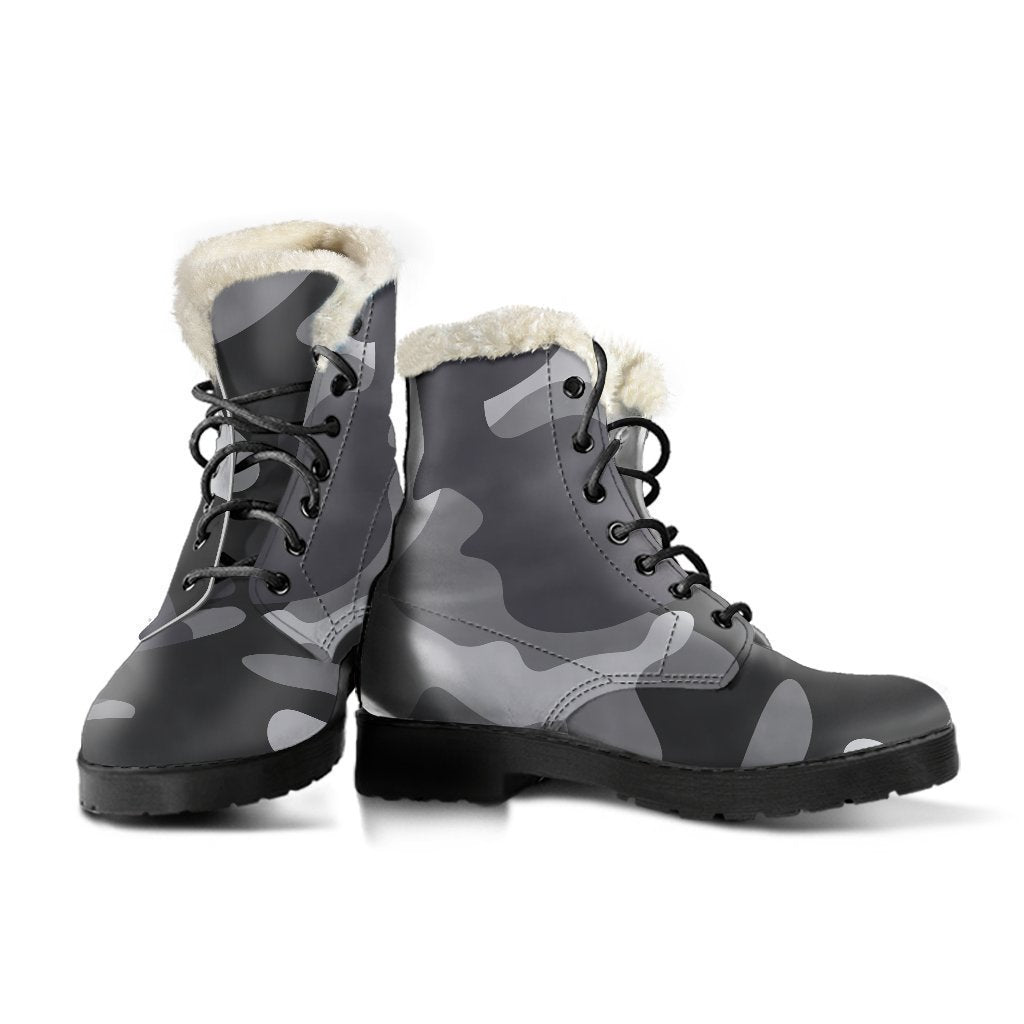 Step Out in Peace: Grey and White Camouflage Faux Fur Leather Boots for Hippies - 3