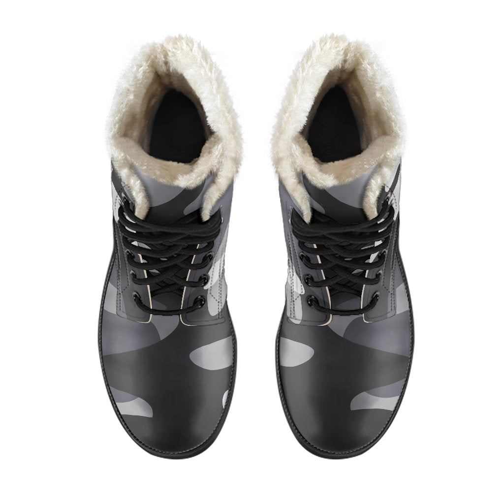 Step Out in Peace: Grey and White Camouflage Faux Fur Leather Boots for Hippies - 4