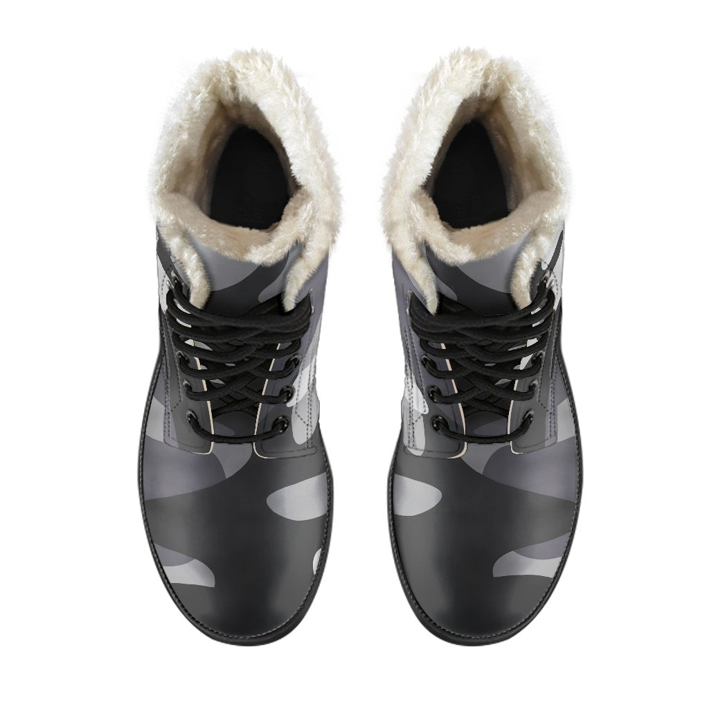 Step Out in Peace: Grey and White Camouflage Faux Fur Leather Boots for Hippies - 4