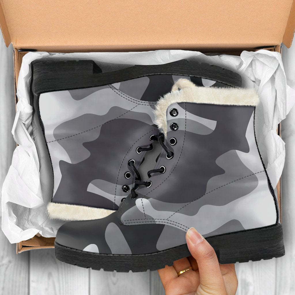 Step Out in Peace: Grey and White Camouflage Faux Fur Leather Boots for Hippies - 5