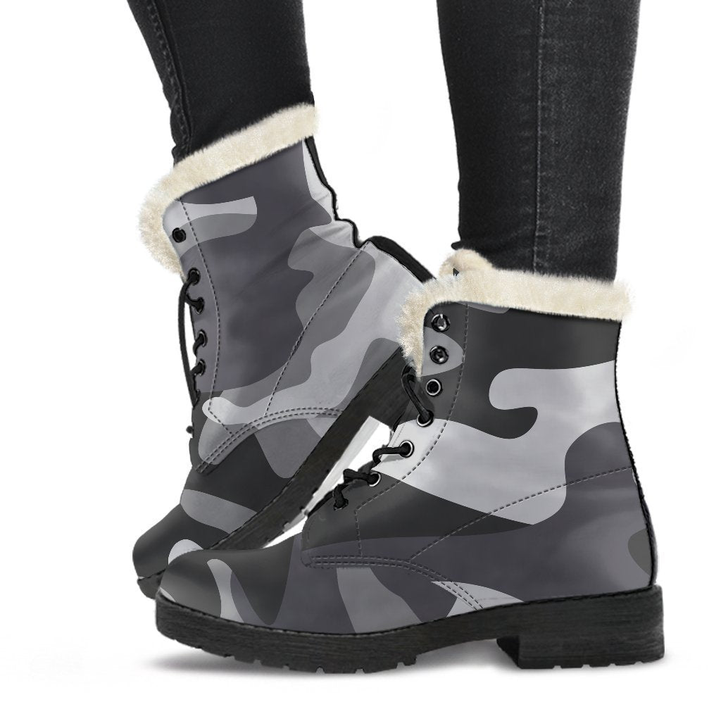 Step Out in Peace: Grey and White Camouflage Faux Fur Leather Boots for Hippies - 1