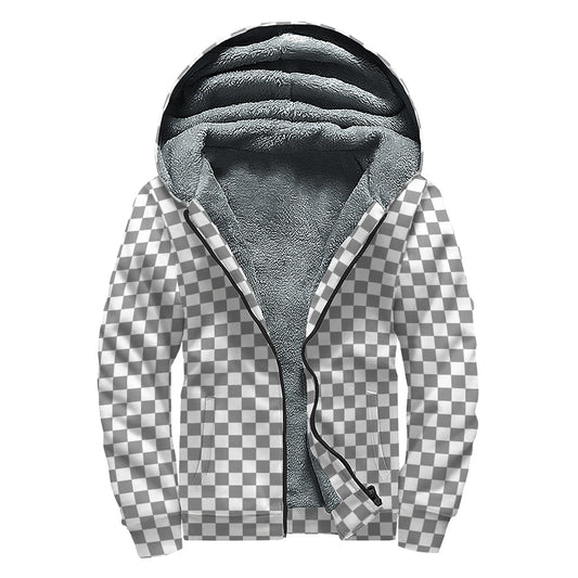 Grey and White Checkered Sherpa Lined Zip Up Hoodie for Free-Spirited Hippies - 1