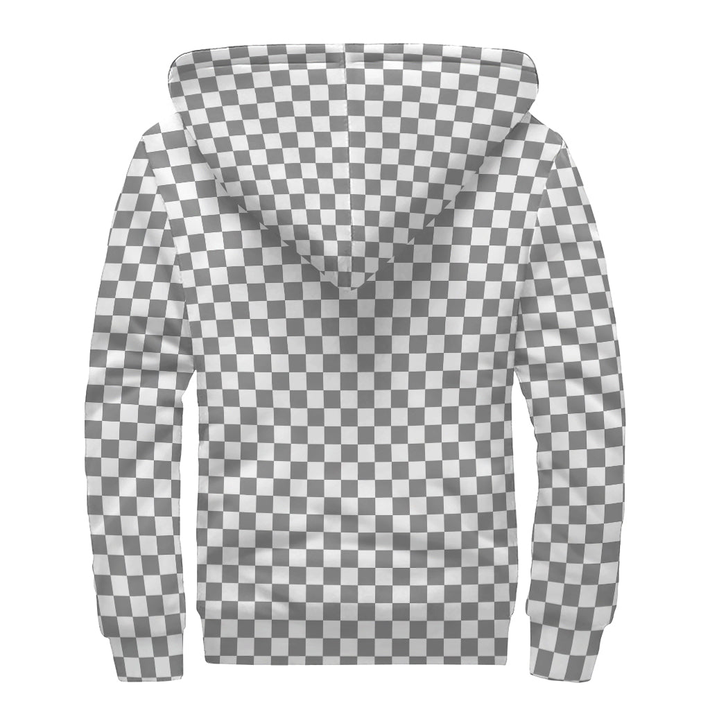 Grey and White Checkered Sherpa Lined Zip Up Hoodie for Free-Spirited Hippies - 2