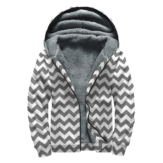 Groovy Grey and White Chevron Pattern Print Sherpa Lined Zip Up Hoodie for Stylish Hippies - 1