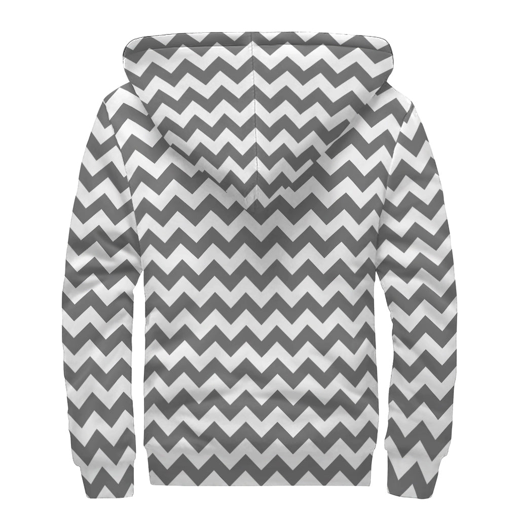 Groovy Grey and White Chevron Pattern Print Sherpa Lined Zip Up Hoodie for Stylish Hippies - 2