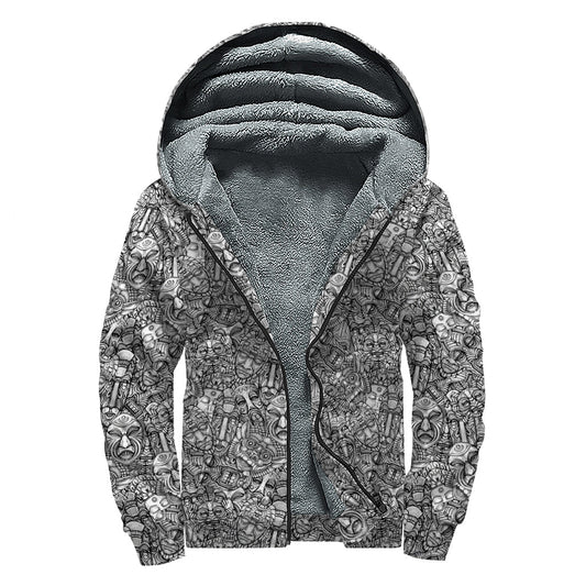 Totem Dreamer: Grey and White Sherpa Lined Zip Up Hoodie for Modern Hippies - 1