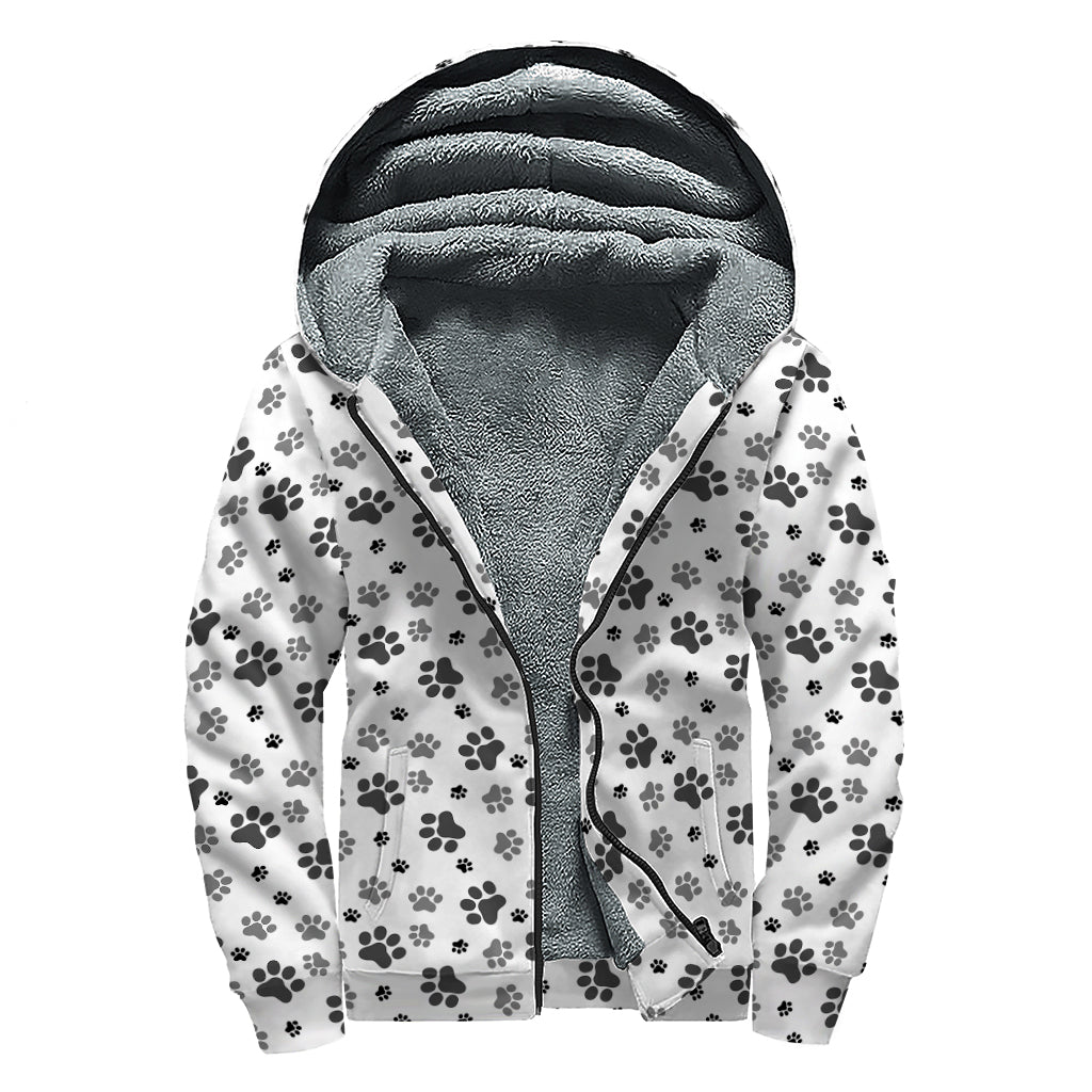 Groovy Grey Animal Paw Pattern Print Sherpa Lined Zip Up Hoodie for Free-Spirited Hippies - 1