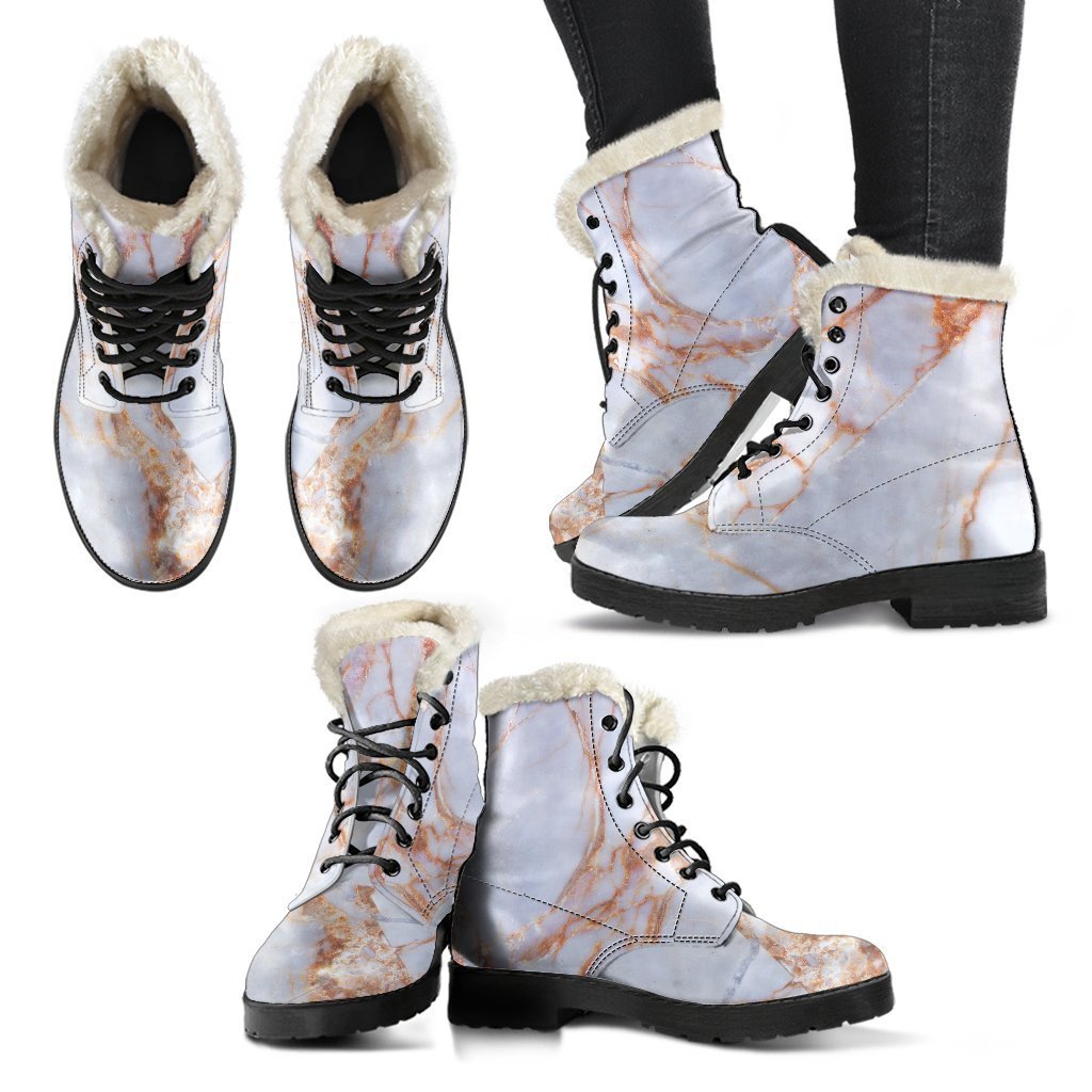 Groovy Faux Fur Leather Boots with Grey Bronze Marble Print - 2