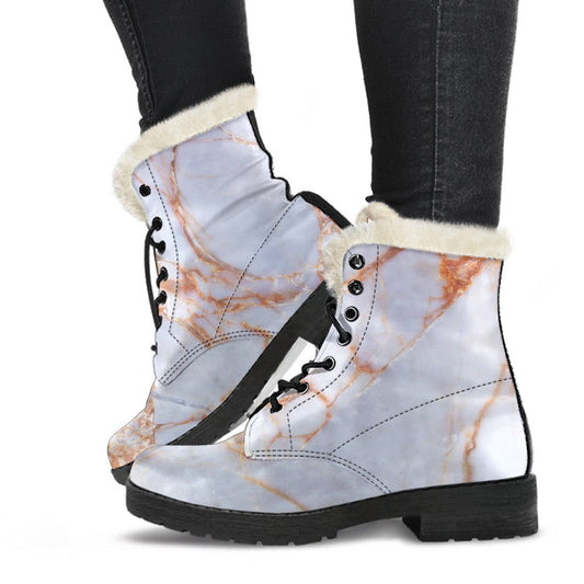 Groovy Faux Fur Leather Boots with Grey Bronze Marble Print - 1