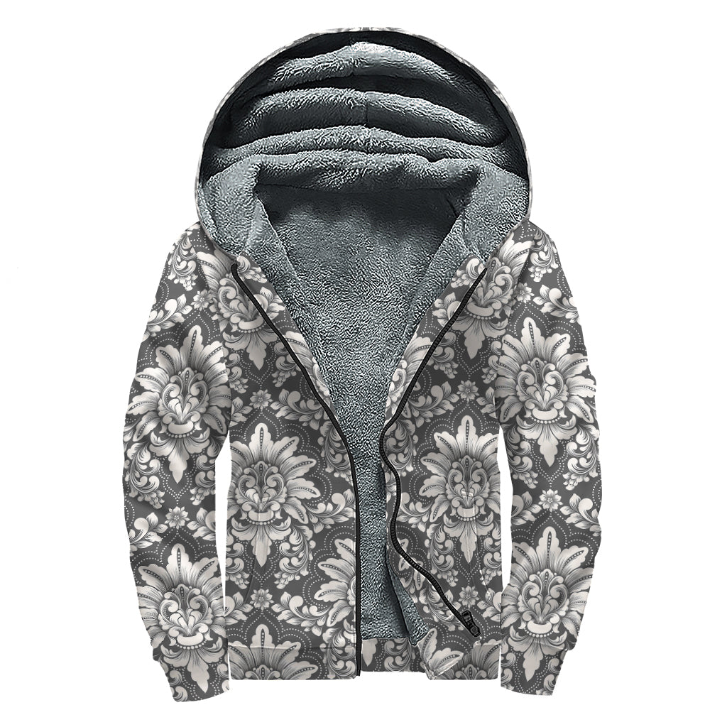 Groovy Grey Damask Print Sherpa-Lined Zip Up Hoodie for the Free Spirited Hippie - 1