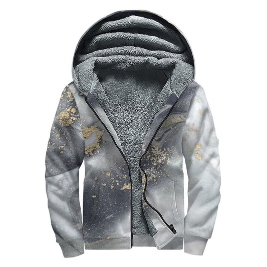 Grey Gold Liquid Marble Print Sherpa Lined Zip Up Hoodie for Groovy Hippies - 1