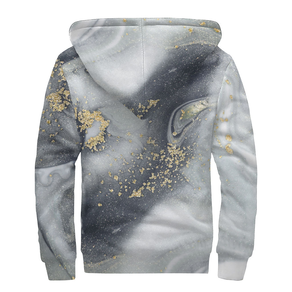 Grey Gold Liquid Marble Print Sherpa Lined Zip Up Hoodie for Groovy Hippies - 2