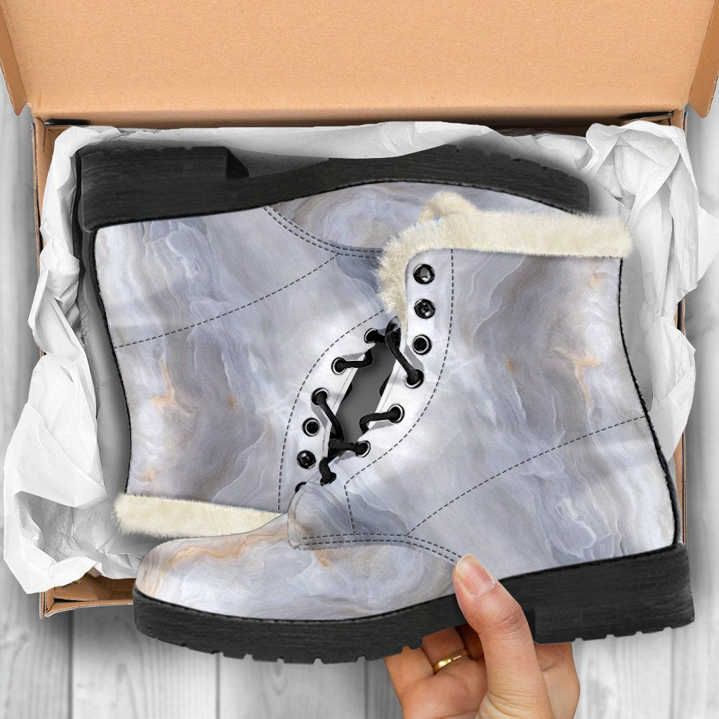 Groovy Grey Marble Print Faux Fur Leather Boots for the Hippie Soul - 5