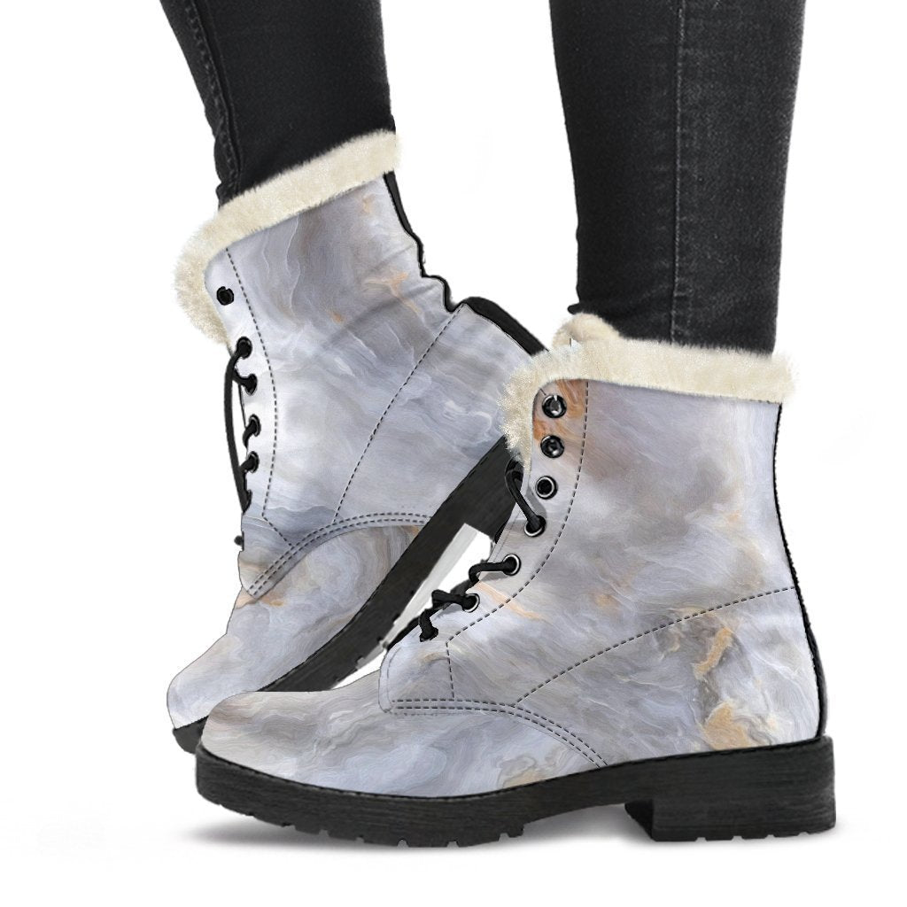 Groovy Grey Marble Print Faux Fur Leather Boots for the Hippie Soul - 1