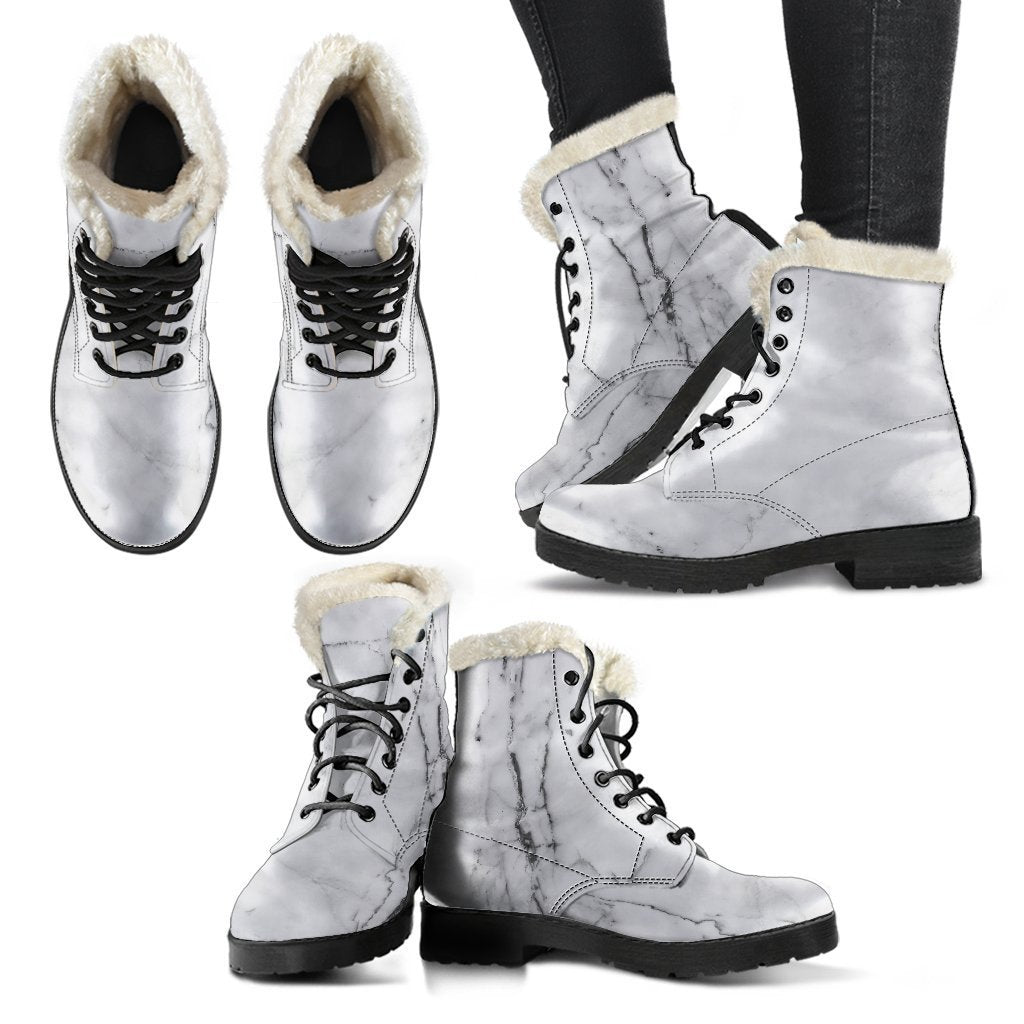 Groovy Grey Marble Stone Print Faux Fur Leather Boots for the Free Spirited Hippie - 2