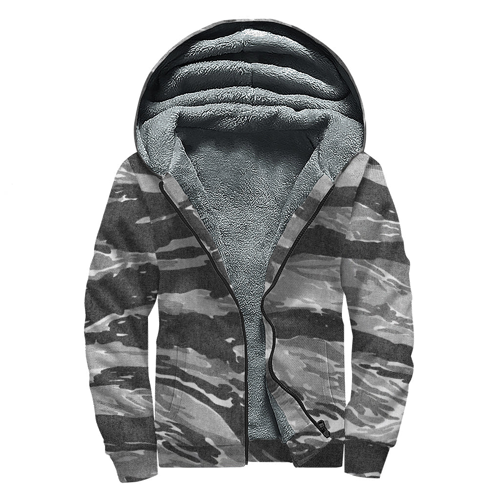 Groovy Tiger Stripe Camouflage Print Sherpa-Lined Zip Up Hoodie for the Free-Spirited Hippie - 1