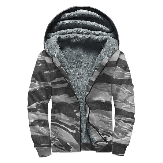 Groovy Tiger Stripe Camouflage Print Sherpa-Lined Zip Up Hoodie for the Free-Spirited Hippie - 1