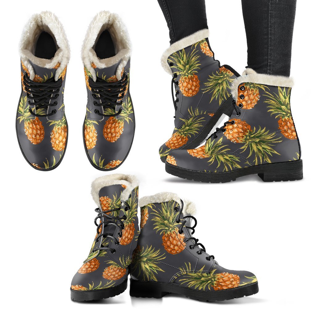 Gray Watercolor Pineapple Faux Fur Leather Boots for Free-Spirited Hippies - 2