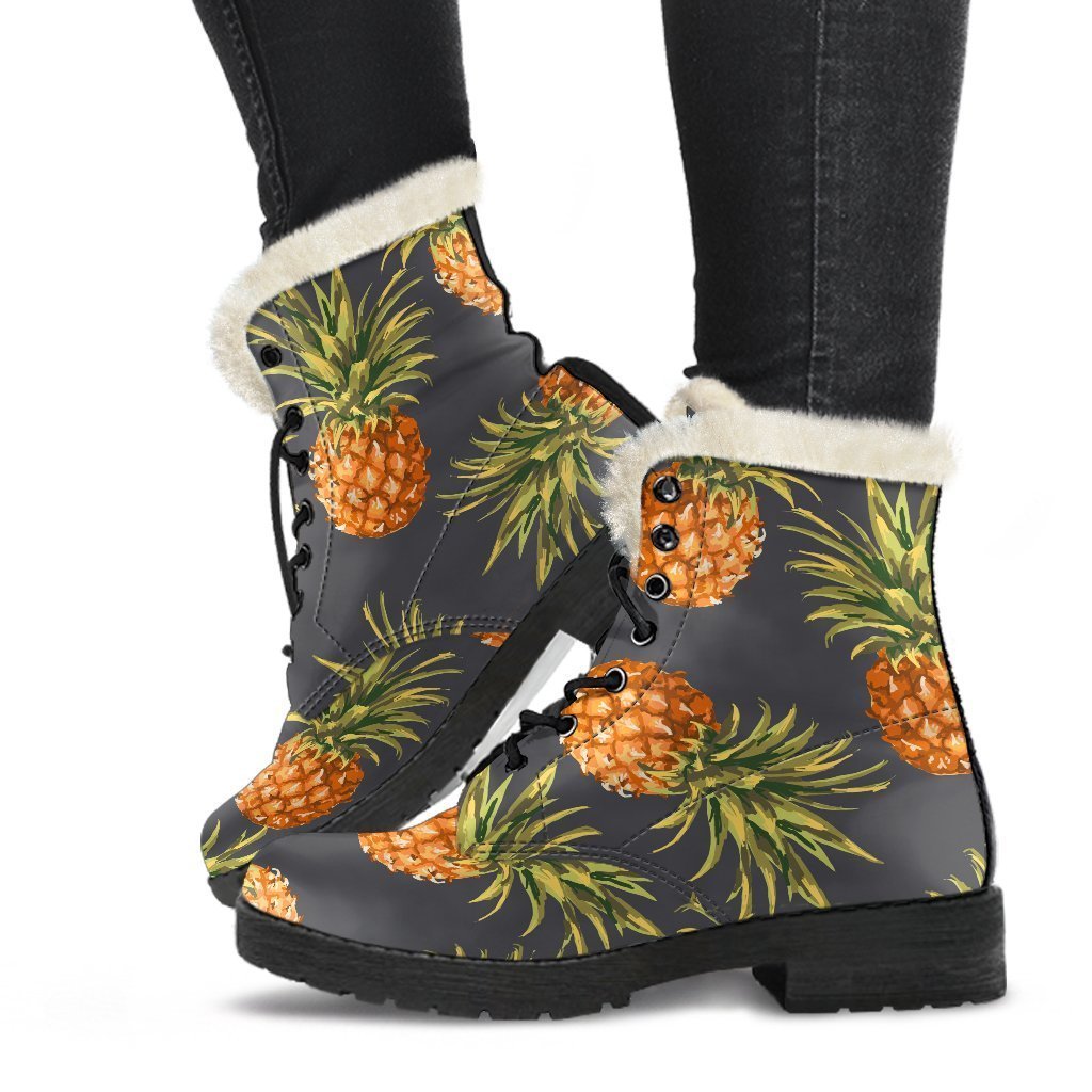 Gray Watercolor Pineapple Faux Fur Leather Boots for Free-Spirited Hippies - 1