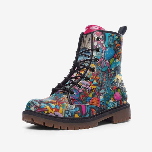 Emerald Blossoms - Groovy Mushrooms Vegan Leather Boots For Hippies