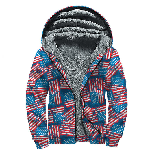 Grunge American Flag Pattern Sherpa Lined Zip Up Hoodie: Embrace Your Inner Hippie Style - 1