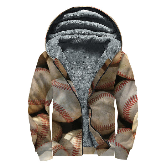 Grunge Baseballs Print Sherpa Lined Zip Up Hoodie for the Free-Spirited Hippie - 1