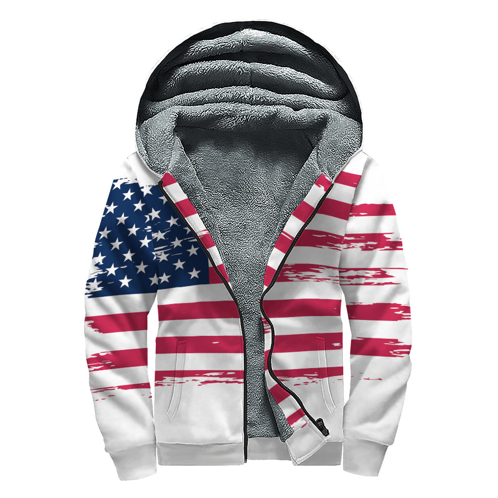 Grunge Flag of USA Print Sherpa Lined Zip Up Hoodie - 1