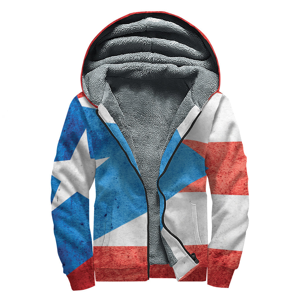 Grunge Puerto Rican Flag Print Hippies Sherpa Lined Zip Up Hoodie - 1