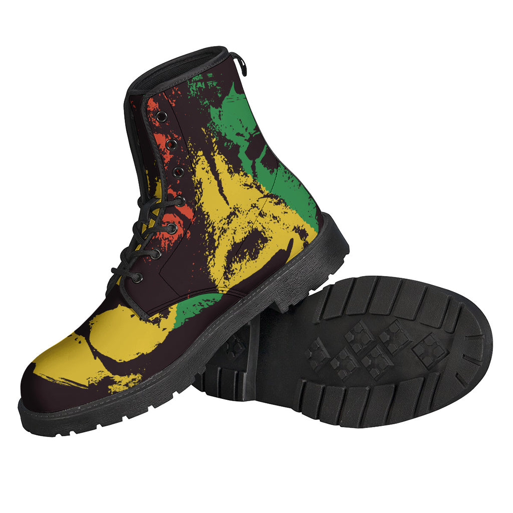 Step Out in Style: Grunge Rasta Lion Print Leather Boots for the Free-Spirited Hippie - 2