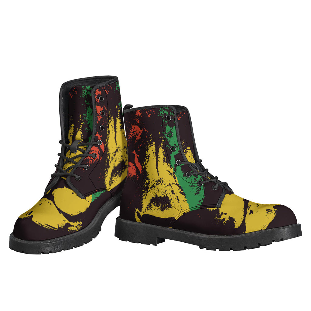 Step Out in Style: Grunge Rasta Lion Print Leather Boots for the Free-Spirited Hippie - 3