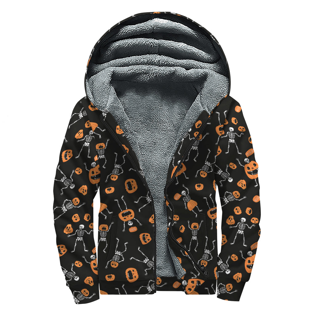 Groovy Halloween Skeleton and Pumpkin Print Sherpa Lined Hoodie for Hippy Souls - 1