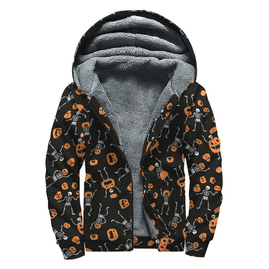 Groovy Halloween Skeleton and Pumpkin Print Sherpa Lined Hoodie for Hippy Souls - 1