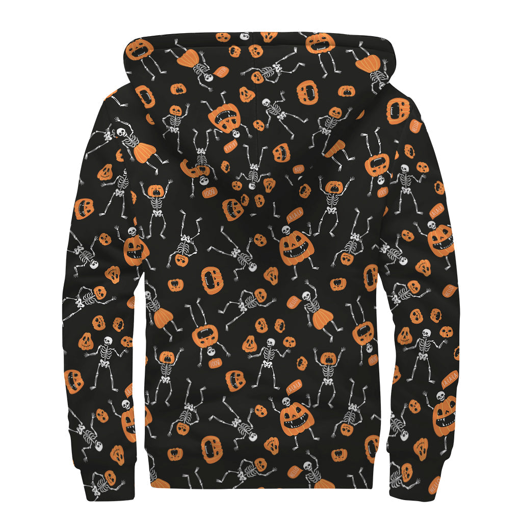 Groovy Halloween Skeleton and Pumpkin Print Sherpa Lined Hoodie for Hippy Souls - 2