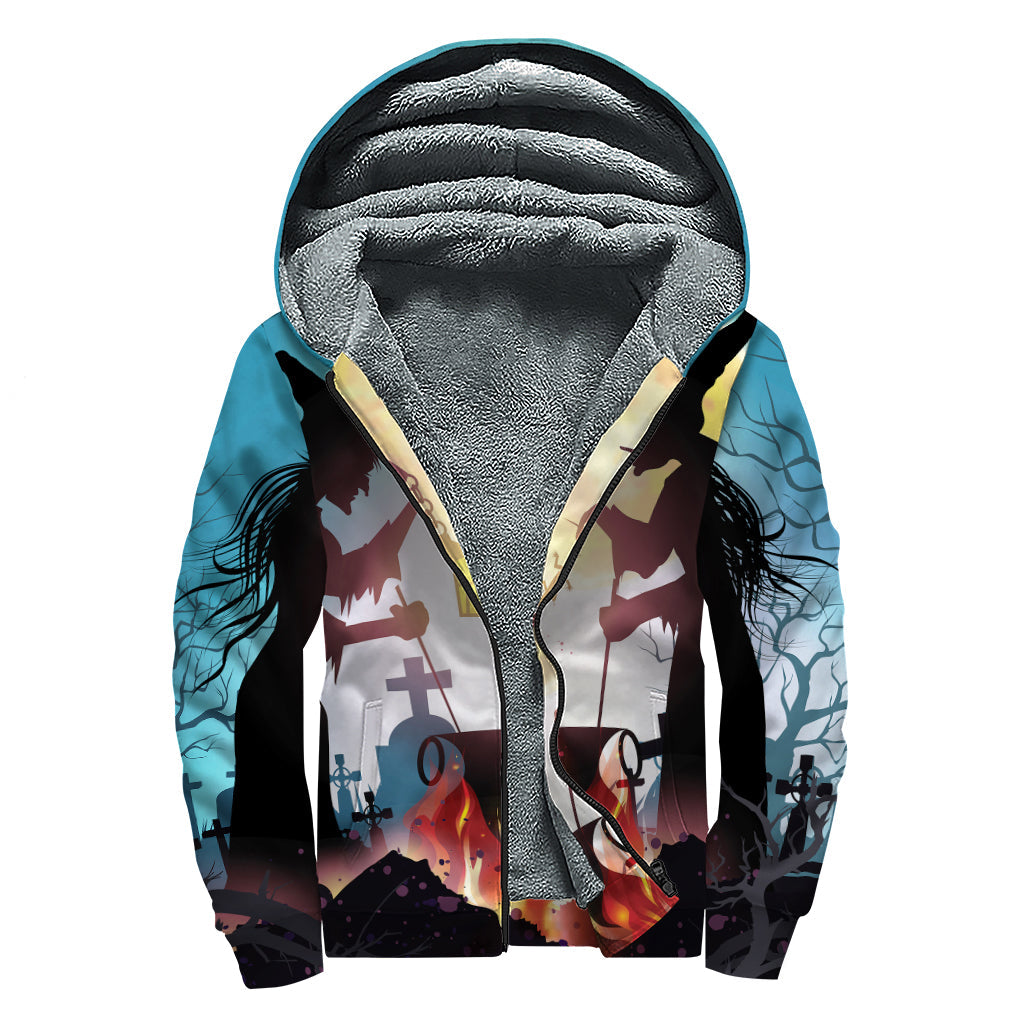 Vintage Vibes: Witch and Cauldron Print Sherpa Lined Zip Up Hoodie - 1