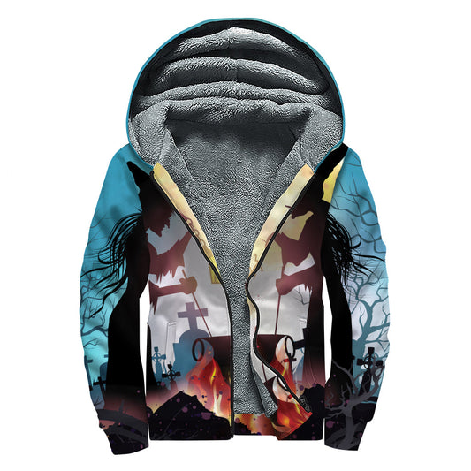 Vintage Vibes: Witch and Cauldron Print Sherpa Lined Zip Up Hoodie - 1