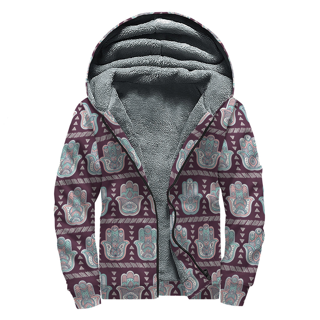 Hamsa Symbol Sherpa Lined Zip Up Hoodie for Boho Babes - 1