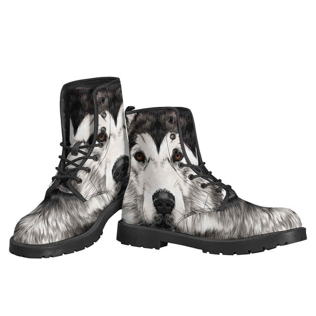 Groovy Alaskan Malamute Print Leather Boots for Free-Spirited Hippies - 3