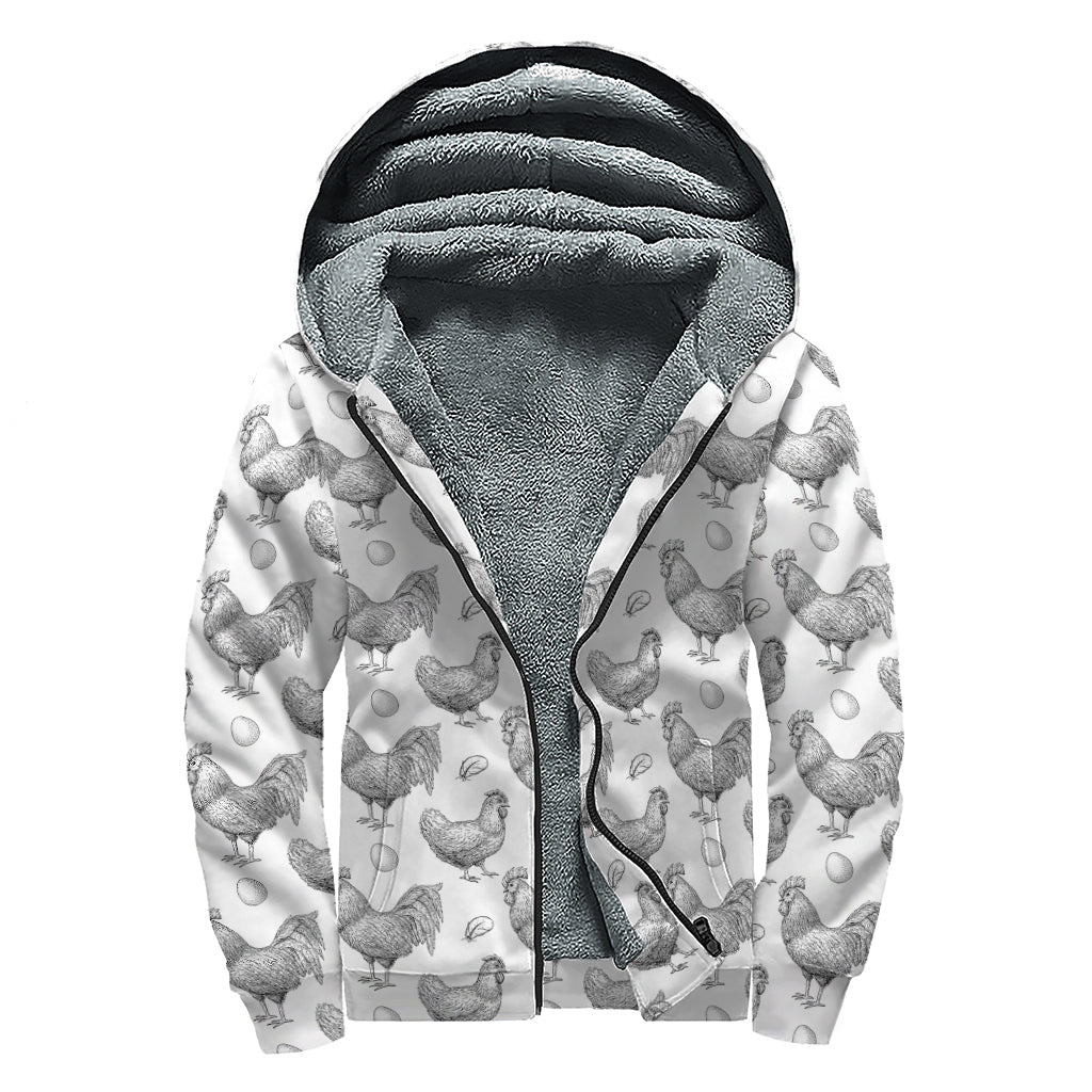 Hand-Drawn Chicken Pattern Sherpa Lined Hippie Zip Up Hoodie - 1